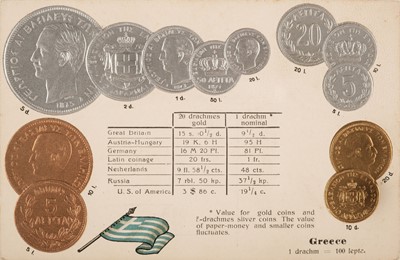 Lot 191 - Coins and Stamps postcards. A collection of 28 coin-related postcards and 21 stamp-related postcards