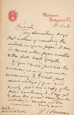 Lot 396 - Barnum (Phineas Taylor, 1810-1891), American showman. Autograph Letter Signed