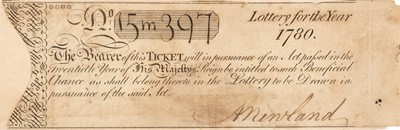 Lot 439 - Lottery Ticket. A pre-printed lottery ticket for the year 1780