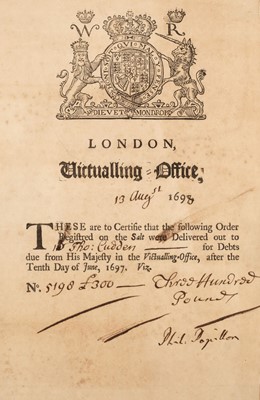 Lot 456 - Papillon (Philip, 1660-1736) and The London Victualling Office. A rare printed document signed