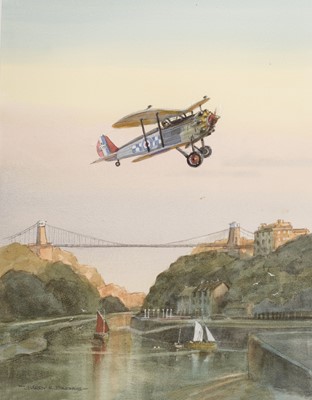 Lot 381 - Barnes (Barry, 20thc century), Bristol Bulldog over the Clifton Suspension Bridge, Bristol
