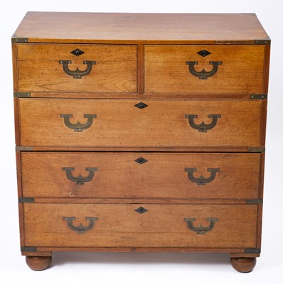 Lot 290 - Campaign Furniture. A fine quality Victorian oak brass-bound campaign chest of drawers