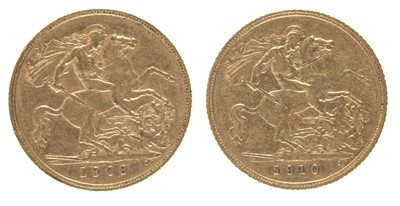 Lot 105 - Sovereigns. Two gold half sovereigns, E.VII.R., 1908, 1910, very fine