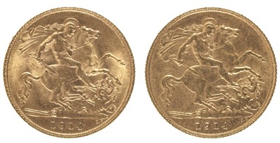 Lot 107 - Sovereigns. Two gold half sovereigns, G.V.R., 1914 (2), very fine