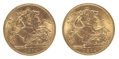 Lot 106 - Sovereigns. Two gold half sovereigns, G.V.R. 1914 (2), very fine