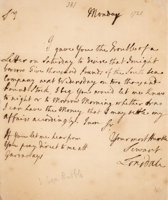 Lot 360 - Lowther (Henry, 1694-1751). Autograph Letter Signed, 'Lonsdale', Monday, no date, [1721]