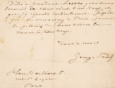 Lot 381 - Sand (George, 1804-1876). Autograph Note Signed, 'George Sand', Paris, no date