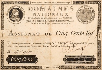 Lot 261 - Banknotes. A French Revolution period Banknote issued by Domaines Nationaux, 16 & 17 April 1790