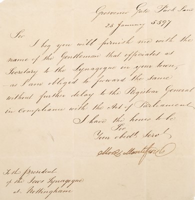 Lot 327 - Montefiore (Moses Haim, 1784-1885). Letter Signed, 'Moses Montefiore', 25 January 5597 [1837]