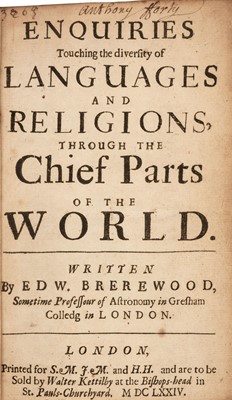 Lot 254 - Brerewood (Edward). Enquiries touching the Diversity of Languages..., through ... the World, 1674