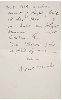 Lot 264 - Brooke (Rupert Chawner, 1887-1915), English poet. Autograph Letter Signed, ‘Rupert Brooke’