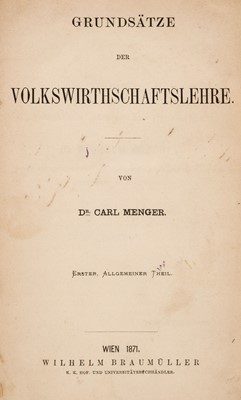 Lot 338 - Menger (Carl). Grundsätze der Volkswirtschaftslehre ... [all published], Vienna, 1871