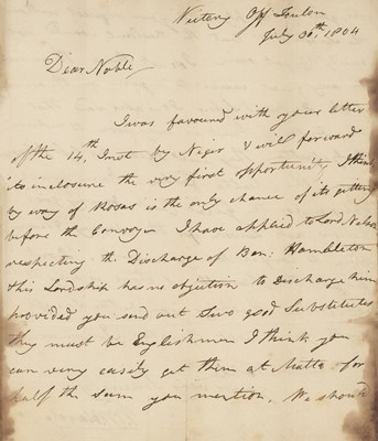 Lot 287 - Hardy (Thomas Masterman, 1769-1839), ALS to Edmond Noble, written aboard the Victory, 1804