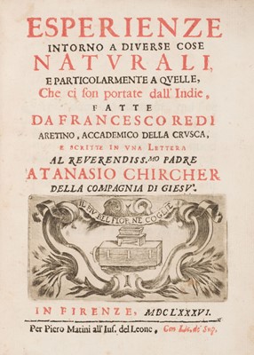 Lot 68 - Redi (Francesco). Esperienze Intorno a Diverse cose Naturali ... Portate dall' Indie, 1686