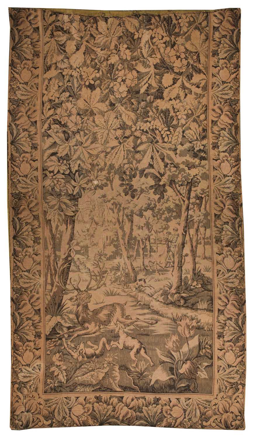 Lot 481 - Tapestry. A 19th century tapestry curtain with hunting scene, & a tapestry panel