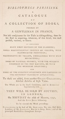 Lot 284 - Edwards (James). Bibliotheca Parisiana: A Catalogue of a Collection of Books, 1791