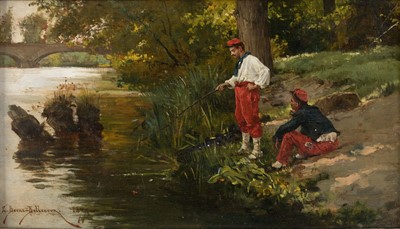 Lot 99 - Berne-Belkcour (Étienne Prosper, 1838-1910). Deux soldats français pêchant au bord d'une rivière