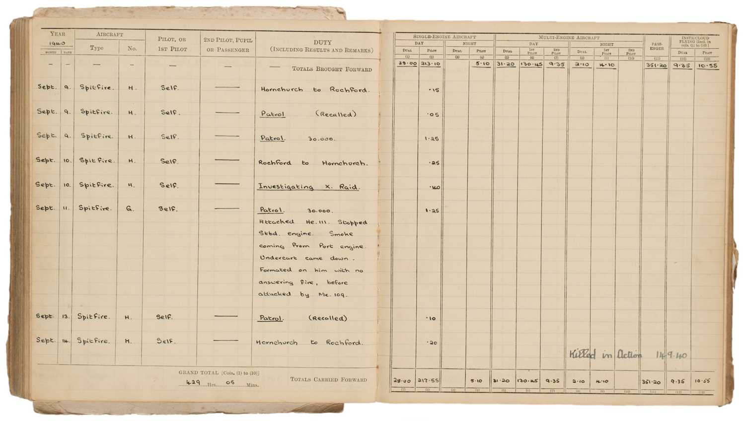 Lot 20 - Battle of Britain. Spitfire Pilot's Logbook, Sergeant S Baxter, 222 Sqd, Killed in Action 14/9/1940
