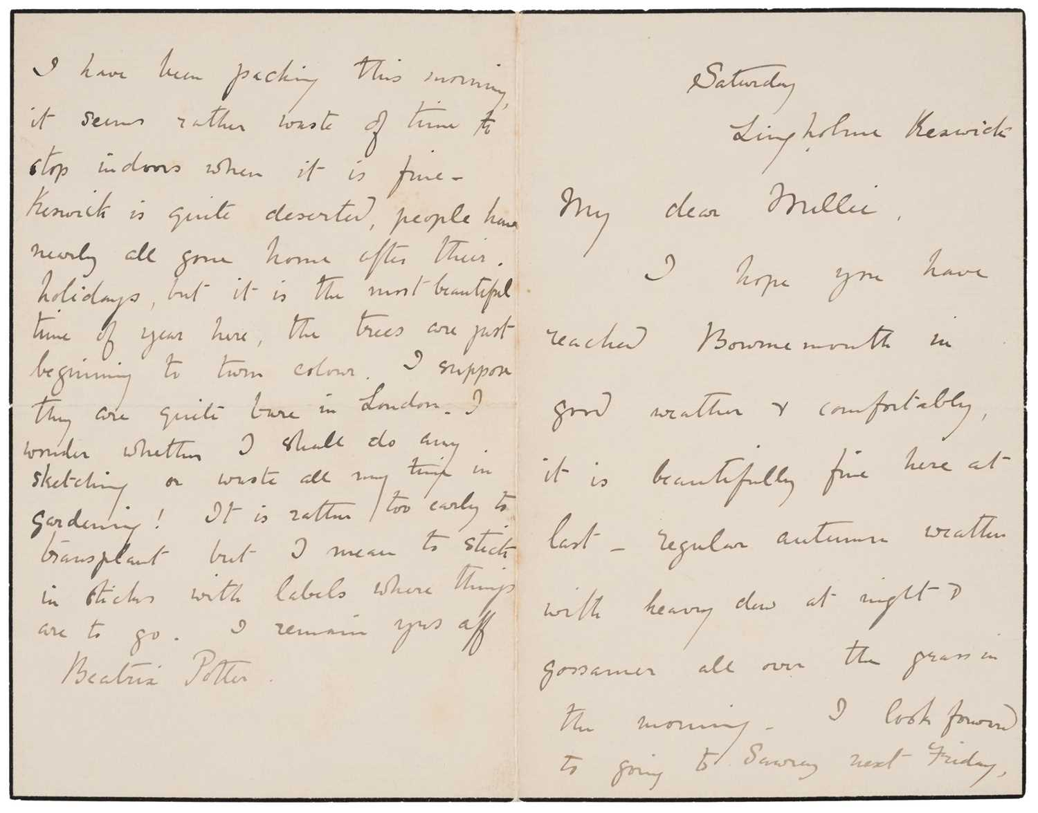 Lot 97 - Potter (Beatrix). Autograph Letter Signed, [autumn, 1906]