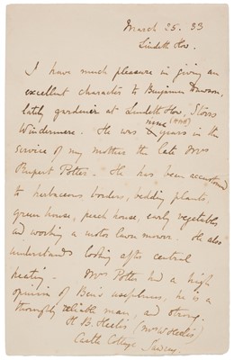 Lot 108 - Potter (Beatrix). Autograph Testimonial Signed, 25 March 1933