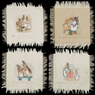 Lot 123 - After Beatrix Potter (1866-1943). A set of 12 paintings on fringed silk, circa 1920