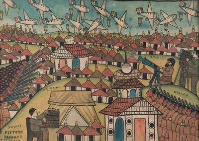 Lot 238 - Ethiopian School. Haile Selassie and his Troops bombarded by the Italian Air Force, 1935-37, oil