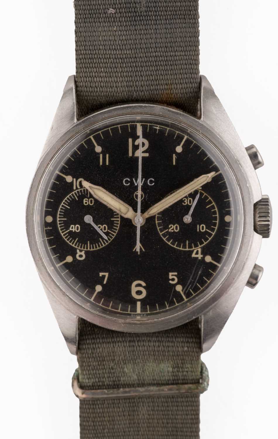 Lot 145 - Pilots watch. A military issue RAF pilots' CWC chronograph wristwatch, circa 1974