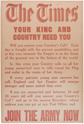 Lot 170 - The Times. Your King and Country Need You…, lithographic letterpress poster