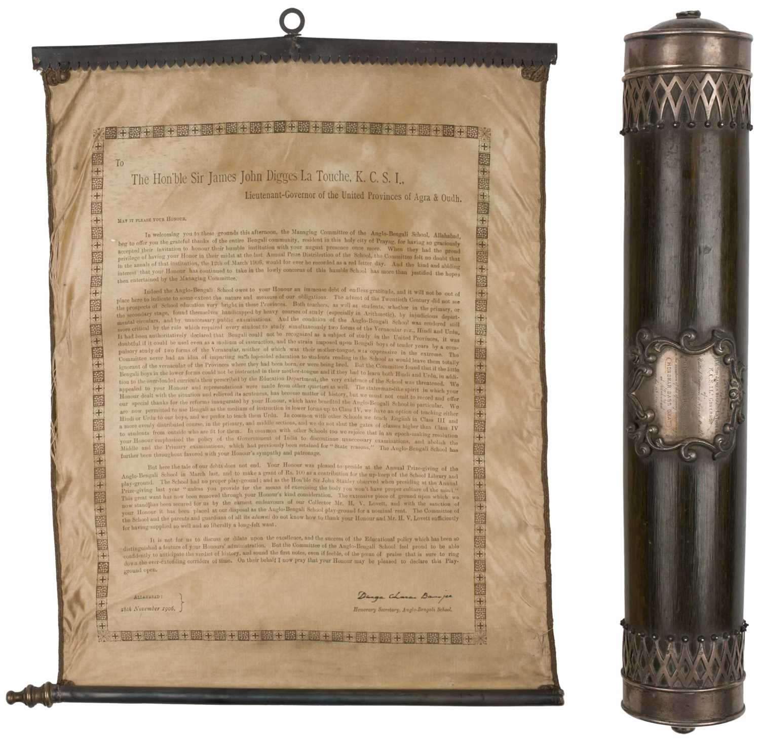 Lot 24 - Presentation Scroll. A gold silk presentation scroll, India, 1906, with related presentation case