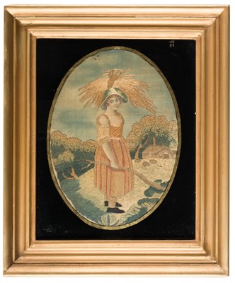 Lot 282 - Embroidered Pictures. A pair of oval needlework pictures of children, circa 1850