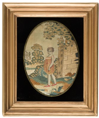 Lot 282 - Embroidered Pictures. A pair of oval needlework pictures of children, circa 1850