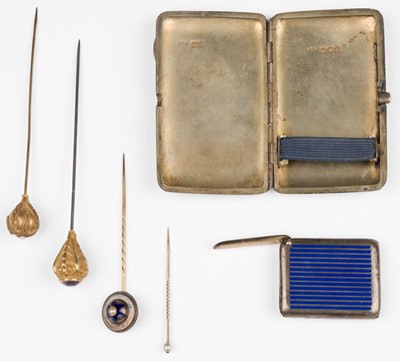 Lot 740 - Stick pins. A Victorian yellow metal stick pin and other items