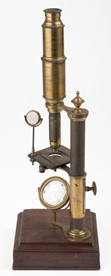 Lot 455 - Microscope. A George III Cuff type lacquered brass compound monocular microscope, circa 1805