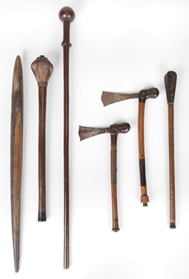 Lot 471 - Tribal Art. An African Chokwe carved wood club from Angola and other items