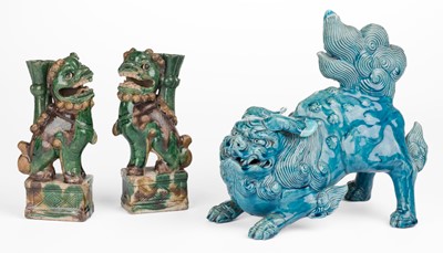 Lot 481 - Dogs of Fo. A pair of Chinese Famille Verte pottery dogs of Fo, Kangxi period