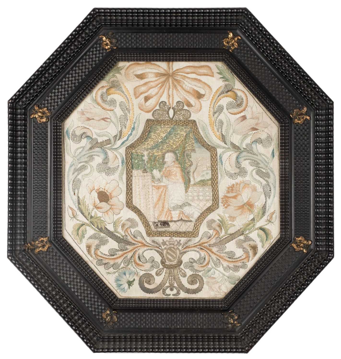Lot 281 - Embroidered Picture. A 17th century octagonal trompe-l'œil needlework