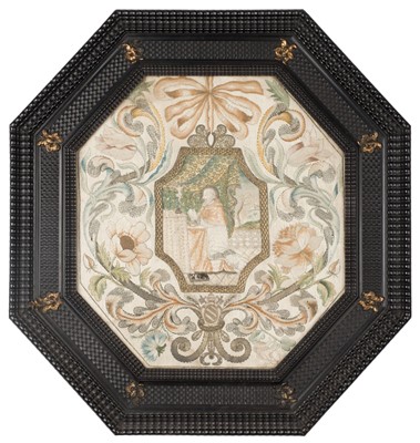 Lot 281 - Embroidered Picture. A 17th century octagonal trompe-l'œil needlework