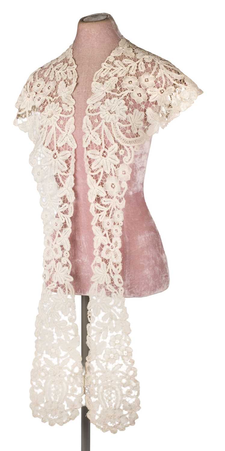 Lot 305 - Bruges. A large lace evening coat or dress trim, circa 1900, & lace collars, trims, etc.