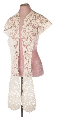 Lot 305 - Bruges. A large lace evening coat or dress trim, circa 1900, & lace collars, trims, etc.