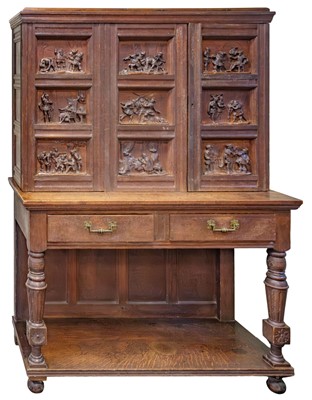 Lot 435 - Cabinet. Oak cabinet with carved panels depicting scenes from Shakespeare's Henry IV, c. 1880