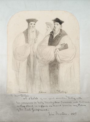 Lot 90 - After John Martin (1789-1854). Cranmer, Latimer and Ridley, 1852, pencil and wash on paper