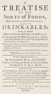 Lot 226 - Lemery (Louis). A Treatise of all Sorts of Foods, 3rd Uk edition, 1745