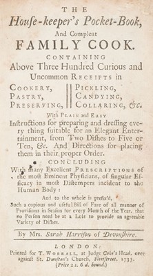 Lot 221 - Harrison (Sarah). The House-Keeper's Pocket-Book, 1st edition, 1733