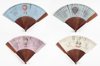 Lot 355 - Ballooning Fan. A handmade 4-way fan depicting the early days of ballooning, late 18th/early 19th century