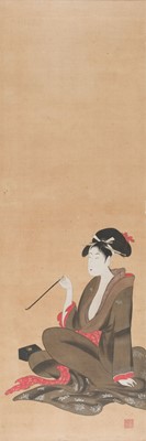 Lot 133 - Japanese School. Smoking Geisha, 19th century, watercolour on silk
