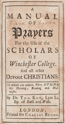 Lot 79 - Ken (Thomas). A manual of Prayers for the Use of the Scholars of Winchester College, 1711