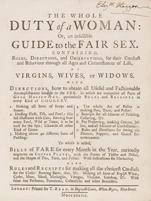 Lot 225 - The Whole Duty of a Woman; or, an Infallible Guide to the Fair Sex, 1st edition, 1737