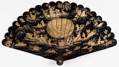 Lot 356 - Cantonese Fan. A Cantonese gilt black lacquer brisé fan, 19th century, & 2 others