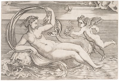 Lot 15 - Veneziano (Agostino, 1510-1536). Venus on a Dolphin, after Raphael, 1516, engraving