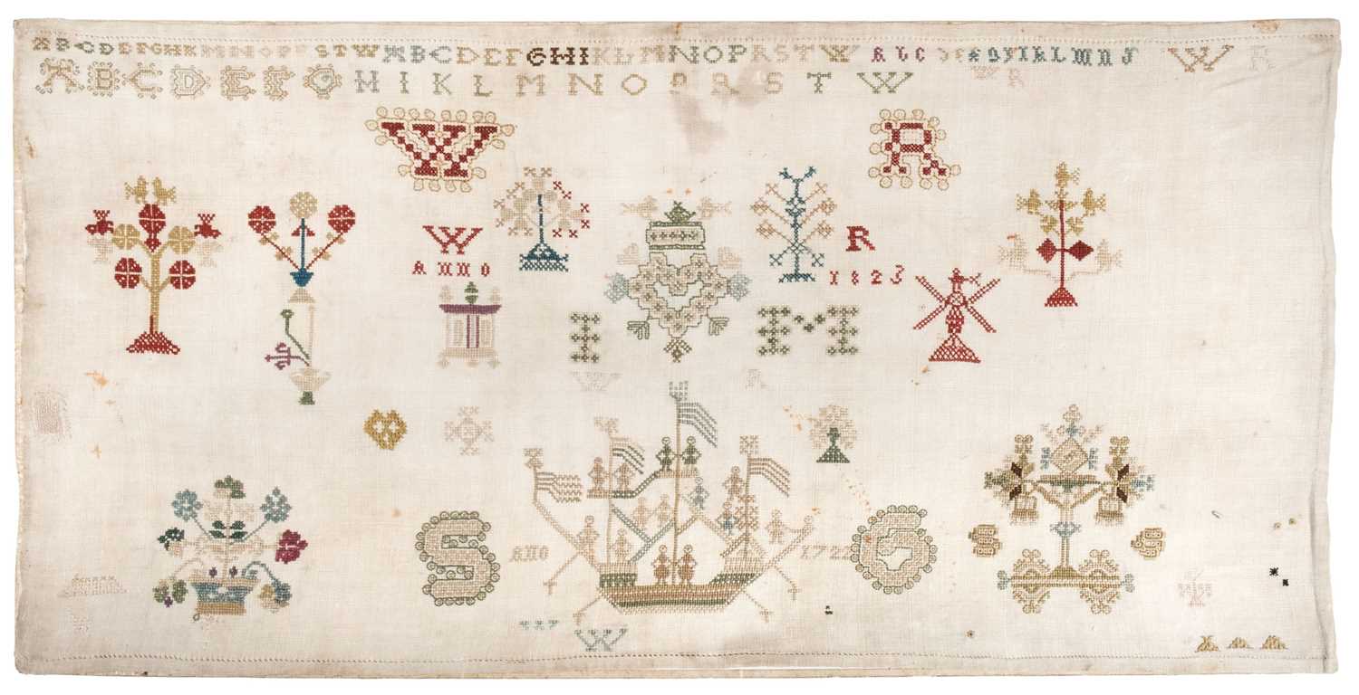Lot 294 - Sampler. An unusual Friesland needlework by two hands, Netherlands, dated 1722 & 1823